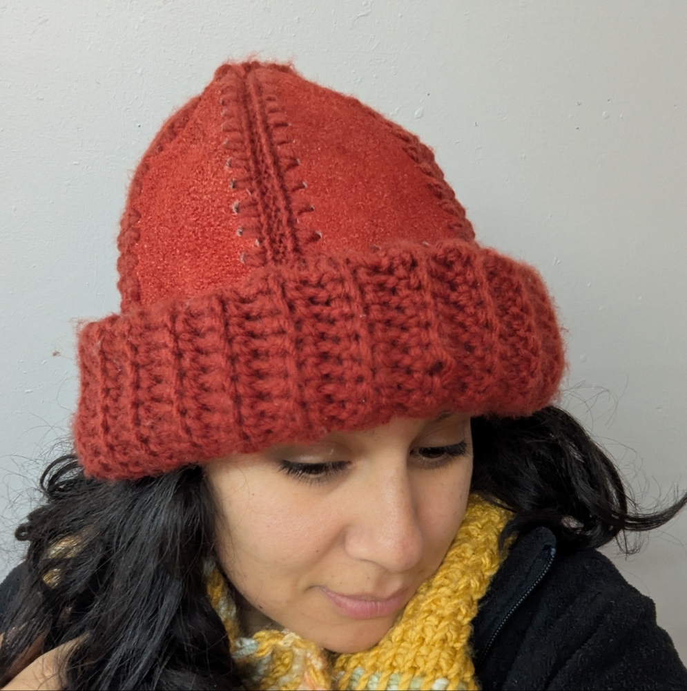 V I N T A G E:: Handmade Rustic Red Leather Patch Acrylic Beanie .